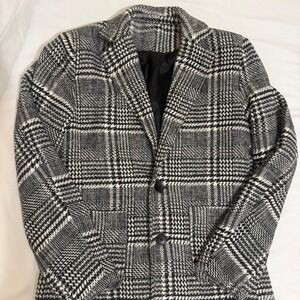 Uaneo Unisex Black White Plaid Wool Blend Longline Coat Jacket RJ-C121 Small
